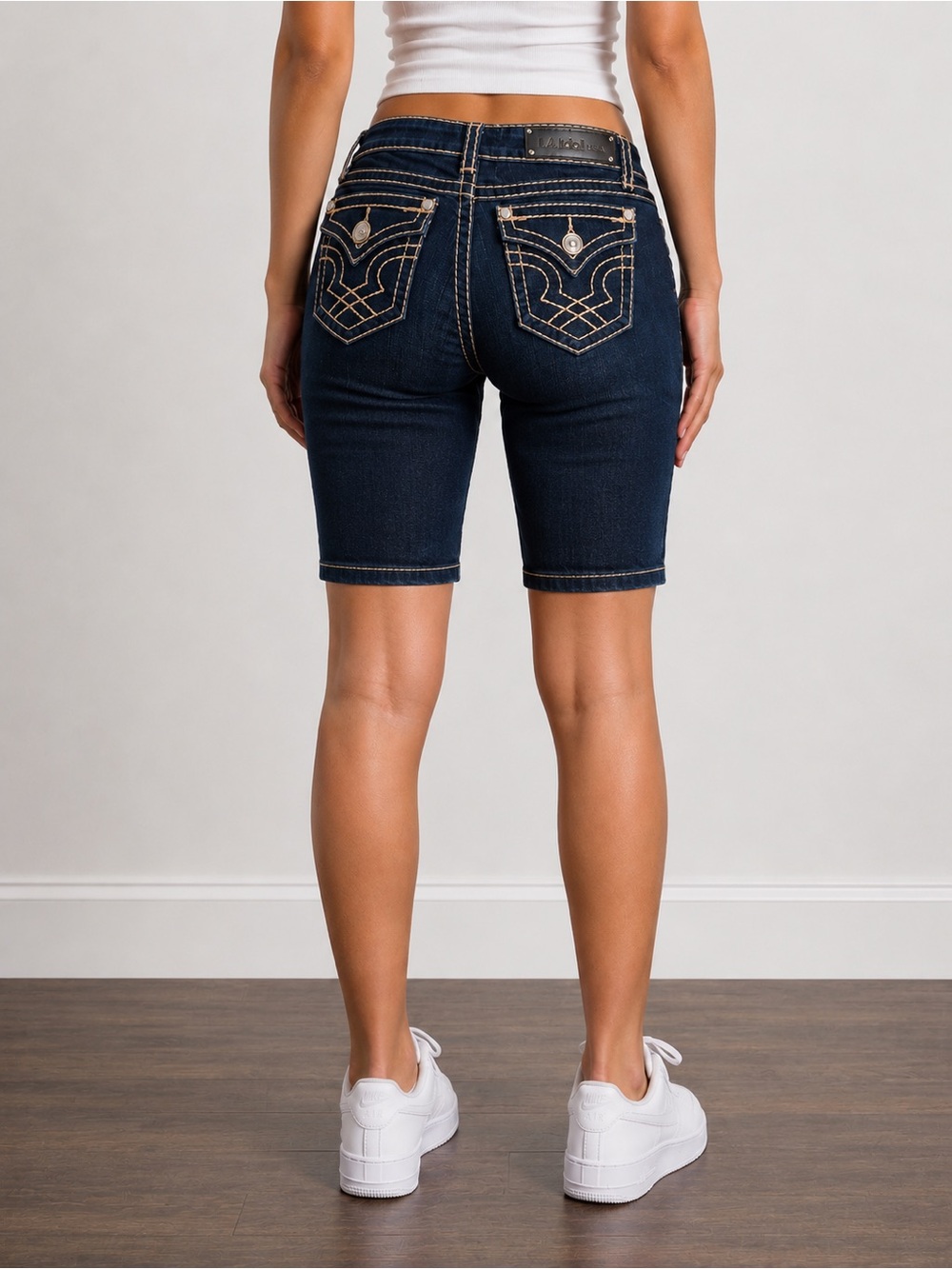 L.A. idol Dark Blue Denim Jean Shorts with Tan Contrast Stitching